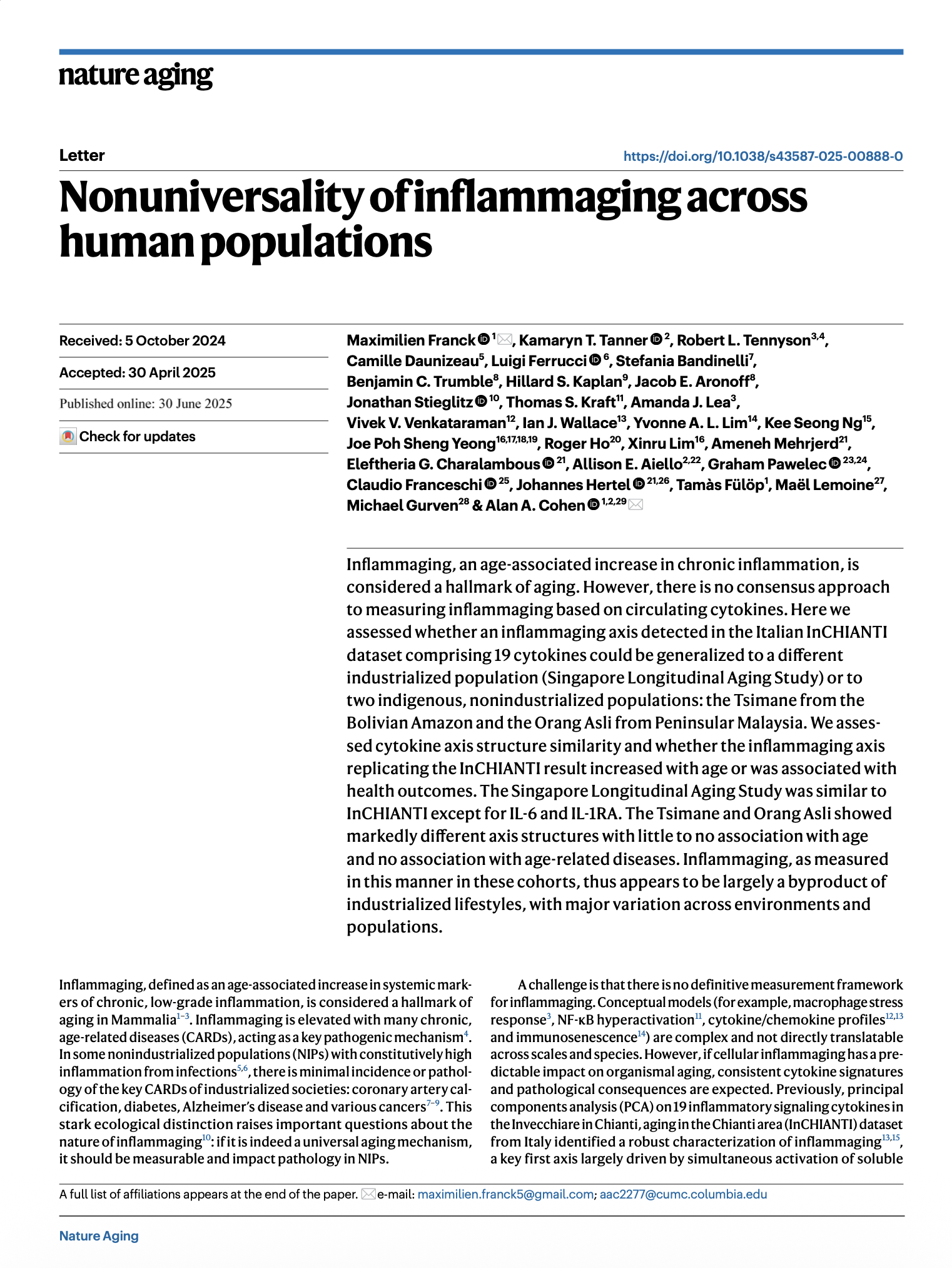 Nonuniversality of inflammaging paper
